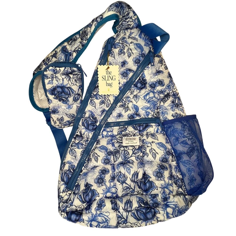 Simply Southern Blue Rose Quilted Sling Crossbody Bag NWT